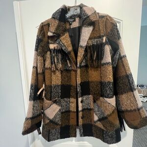 Chicwish Women's Checkered Fringe Teddy Jacket - Brown, Black, and Cream